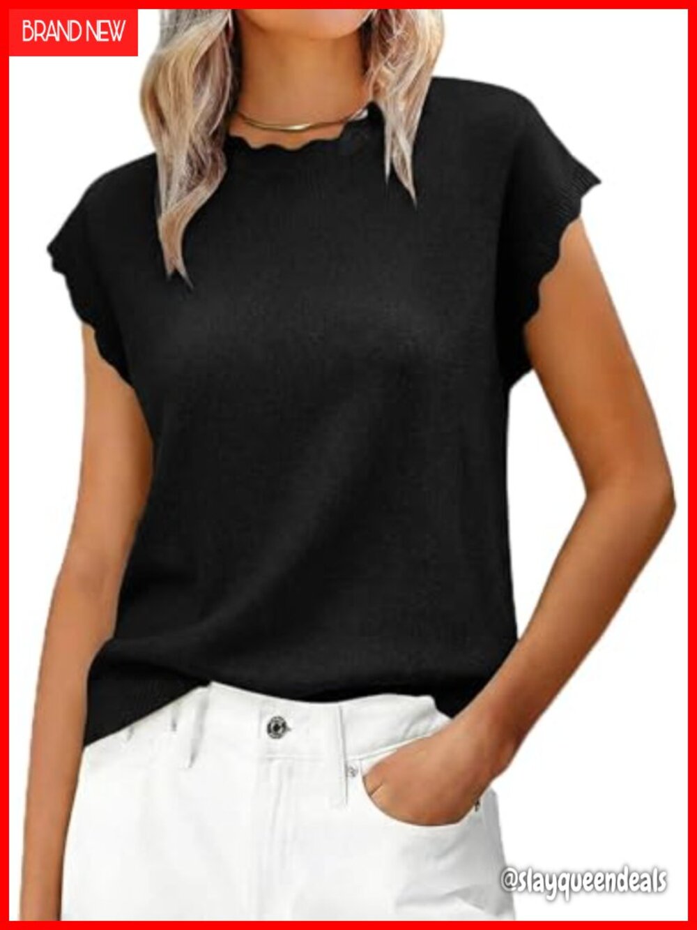 Women Summer Cap Sleeve Lightweight Knit Pullover Scallop Wavy Top